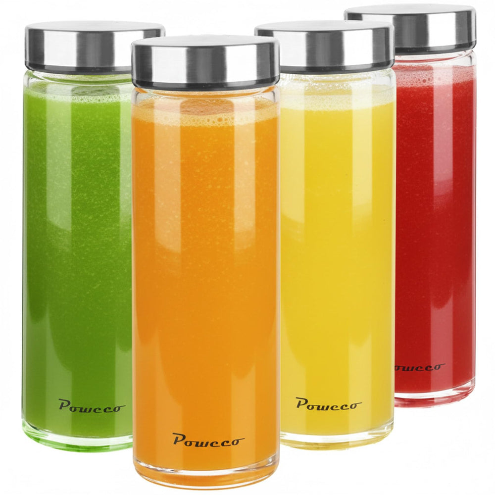 poweco front packaging showing four 20 oz glass bottles and lids for durable storage