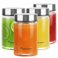 poweco front view of four 10 oz glass bottles showing labels and lids, durable storage benefit