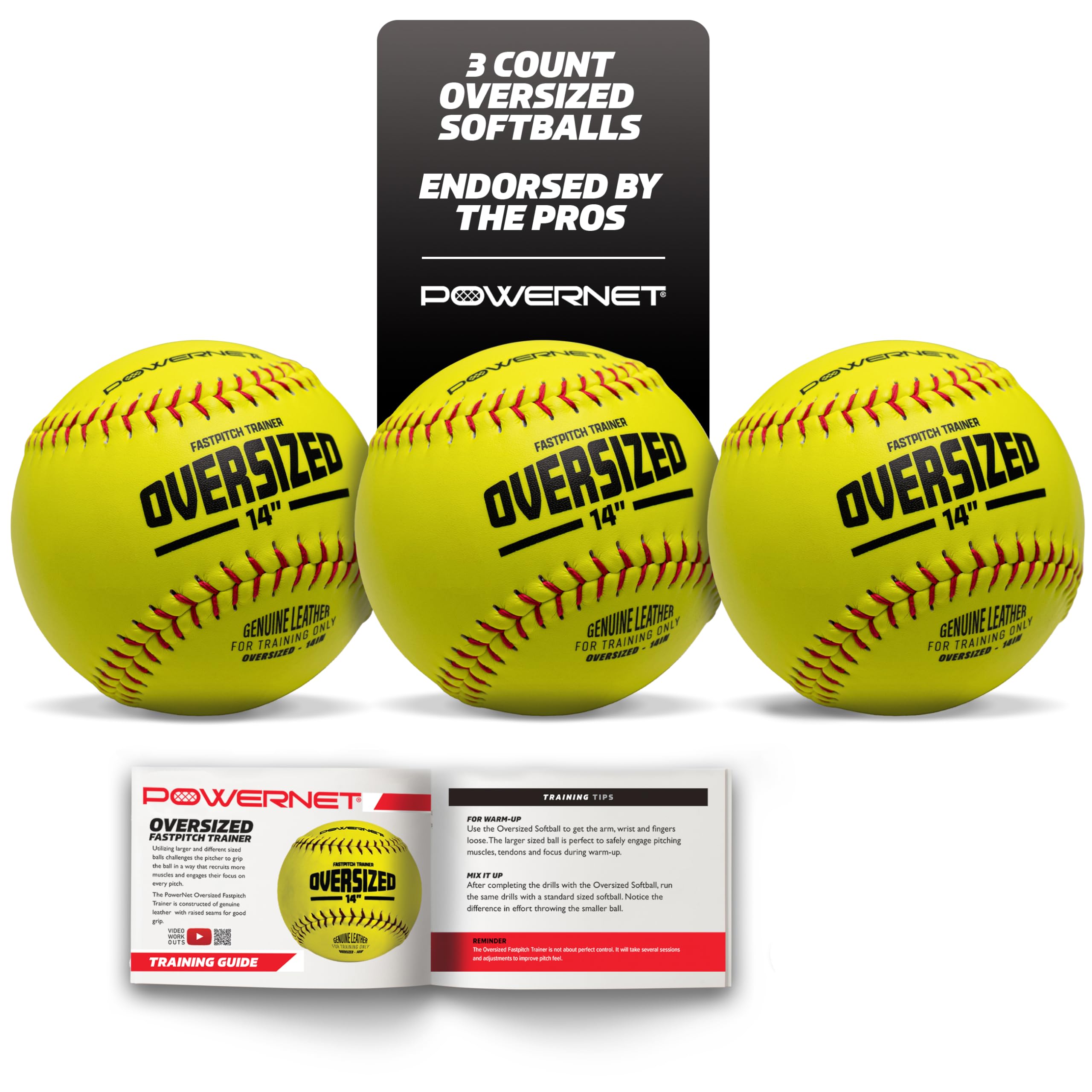 PowerNet front view of 14-inch oversized softball showing leather cover and seams for authentic feel