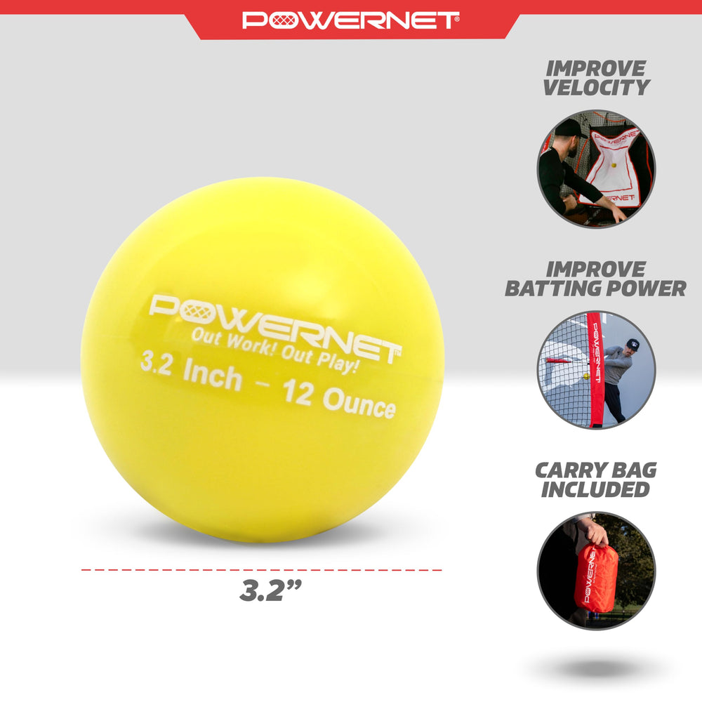 PowerNet ball in hand demonstrating 3.2-inch scale for realistic softball feel and training benefit