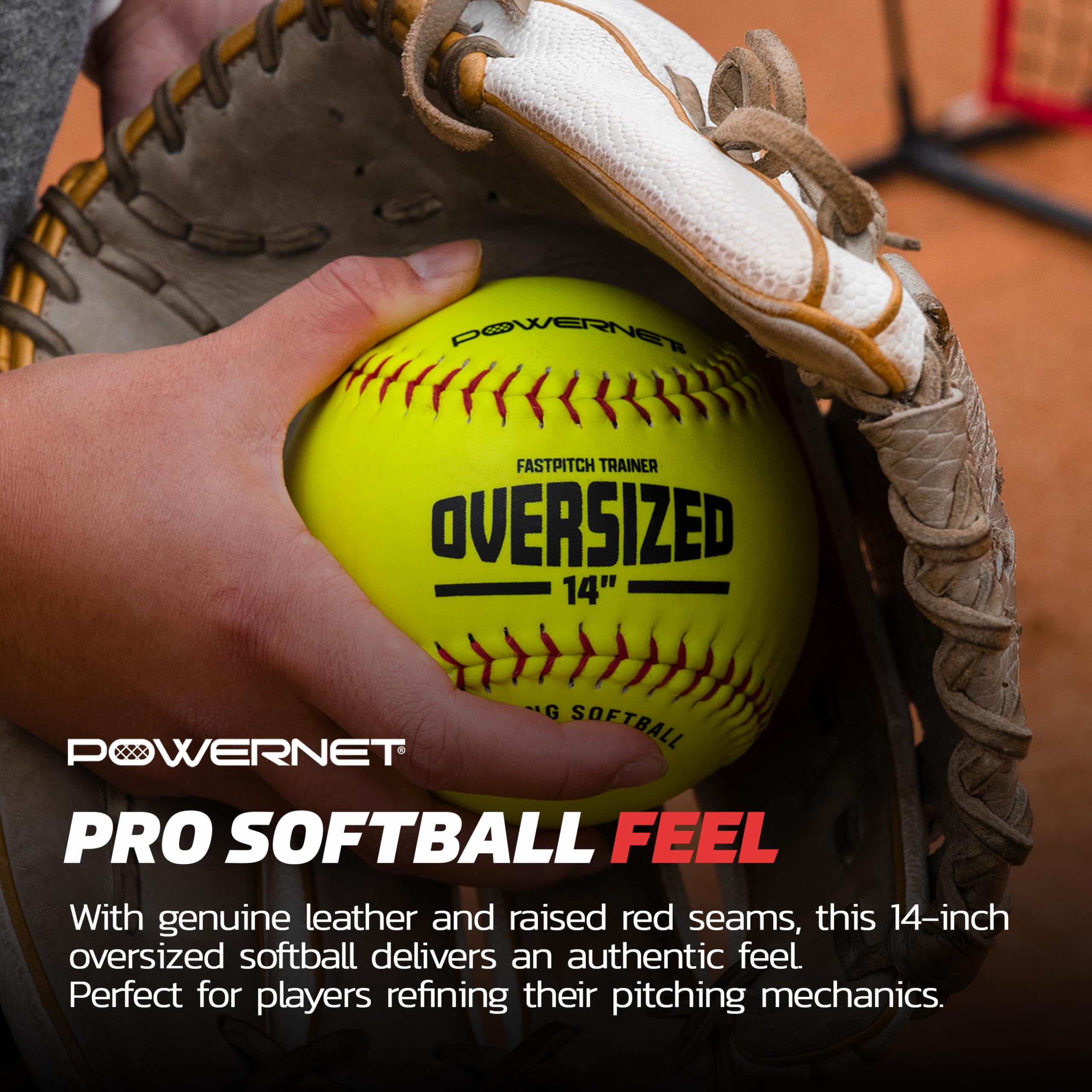 PowerNet size comparison showing 14-inch ball next to regulation ball to illustrate training difference