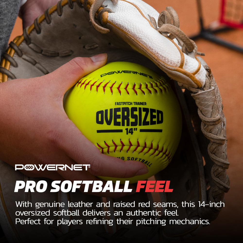 PowerNet size comparison showing 14-inch ball next to regulation ball to illustrate training difference