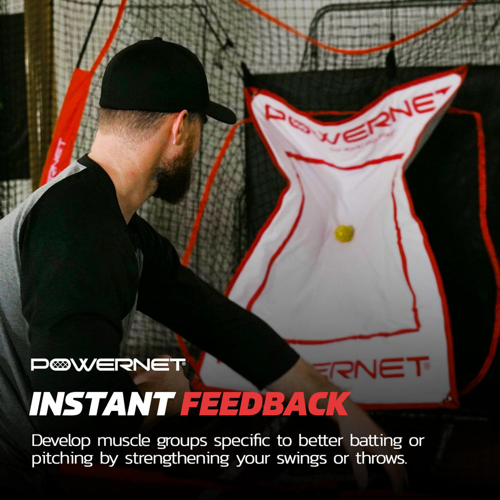 PowerNet six balls lined up highlighting uniform 12oz weight for repeatable practice benefit