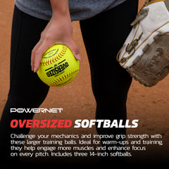 PowerNet three 14-inch softballs arranged to show pack contents and training readiness