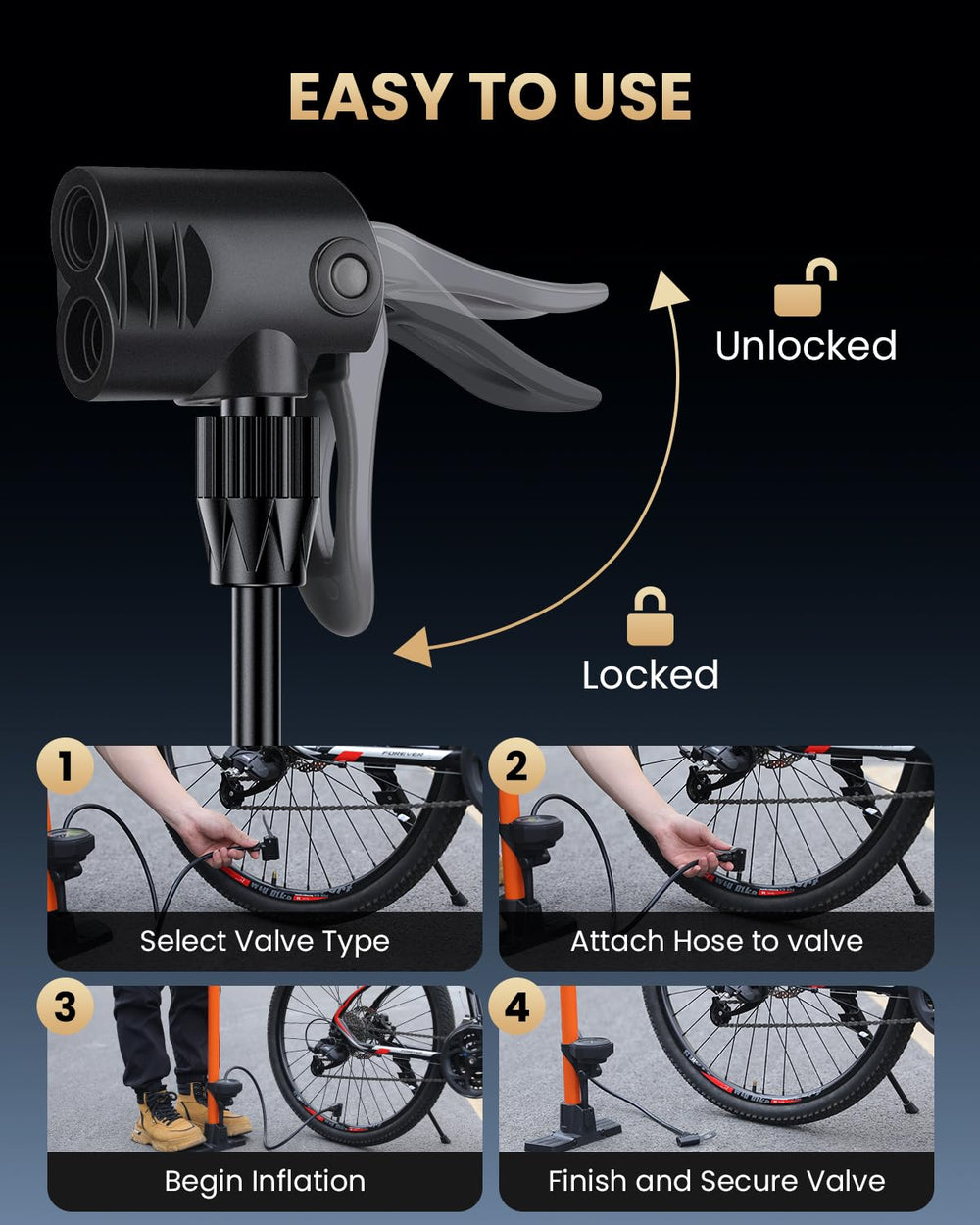 POWVINE next to bike wheel for scale showing height and reach benefit: easy ergonomic use