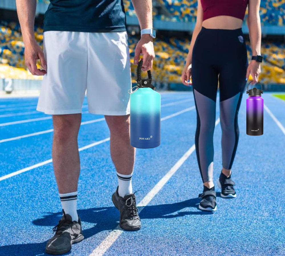 POYAKU bottle beside gym gear illustrating workout and travel use