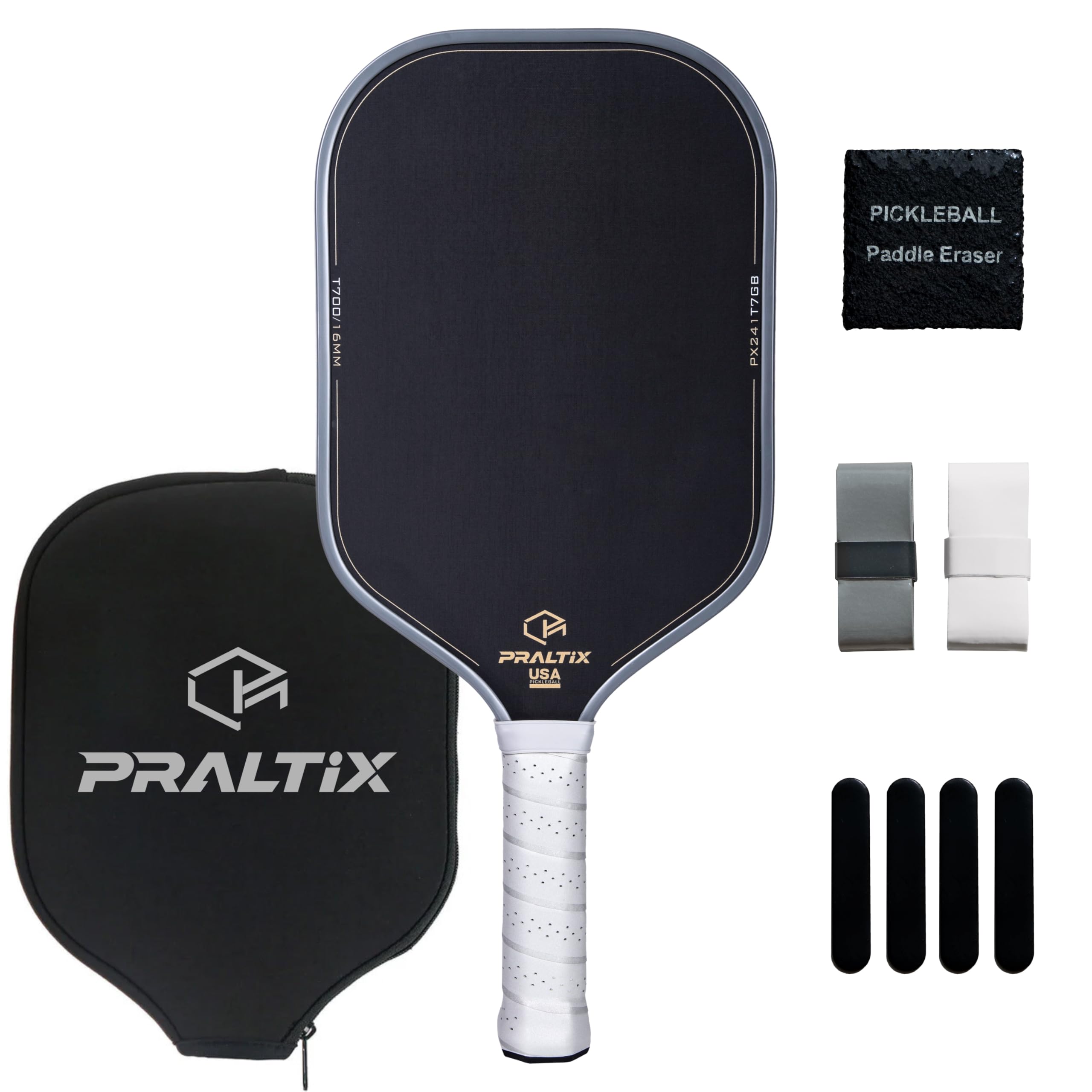 Praltix T700 front face showing carbon fiber texture and clean hitting surface for consistent power