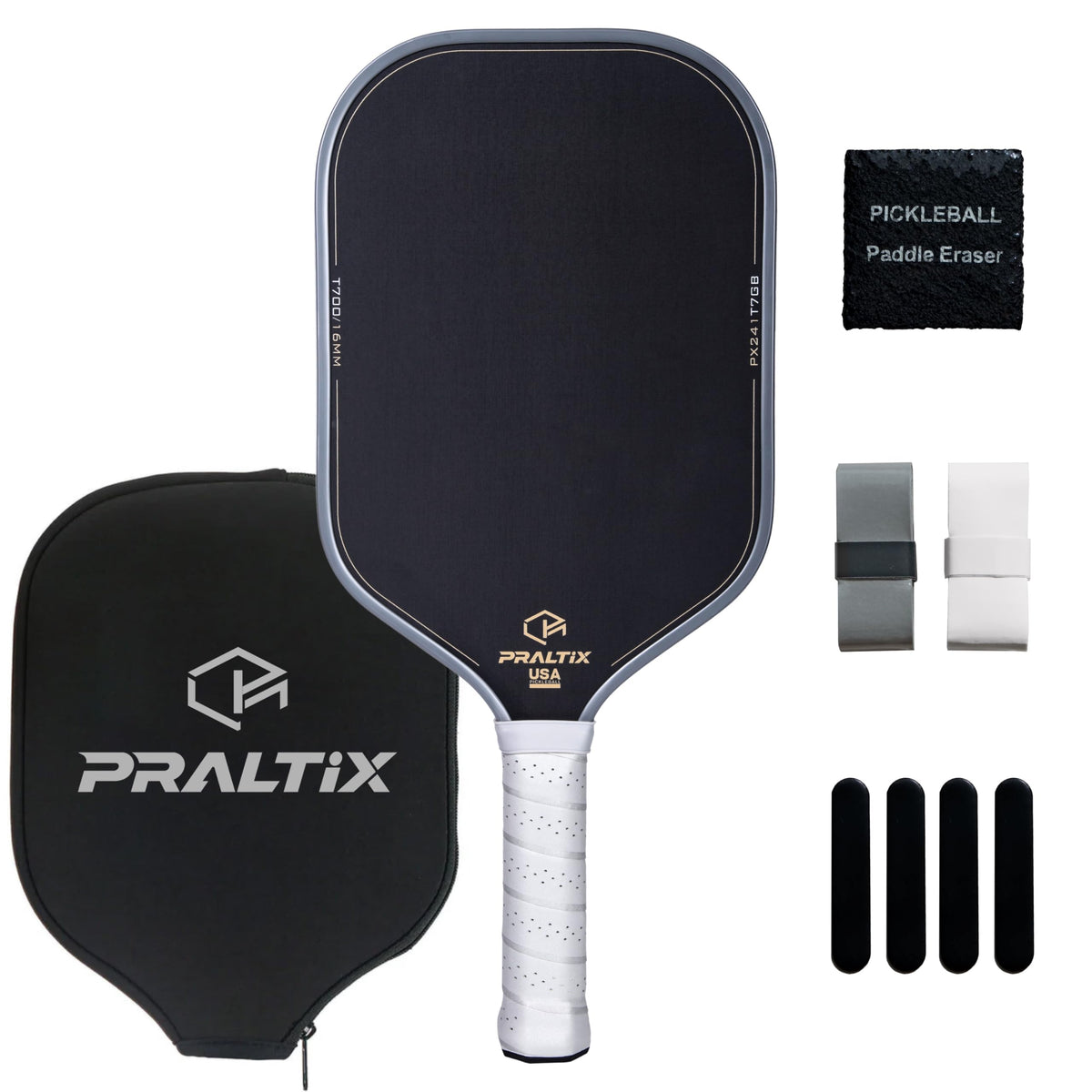 Praltix T700 front face showing carbon fiber texture and clean hitting surface for consistent power