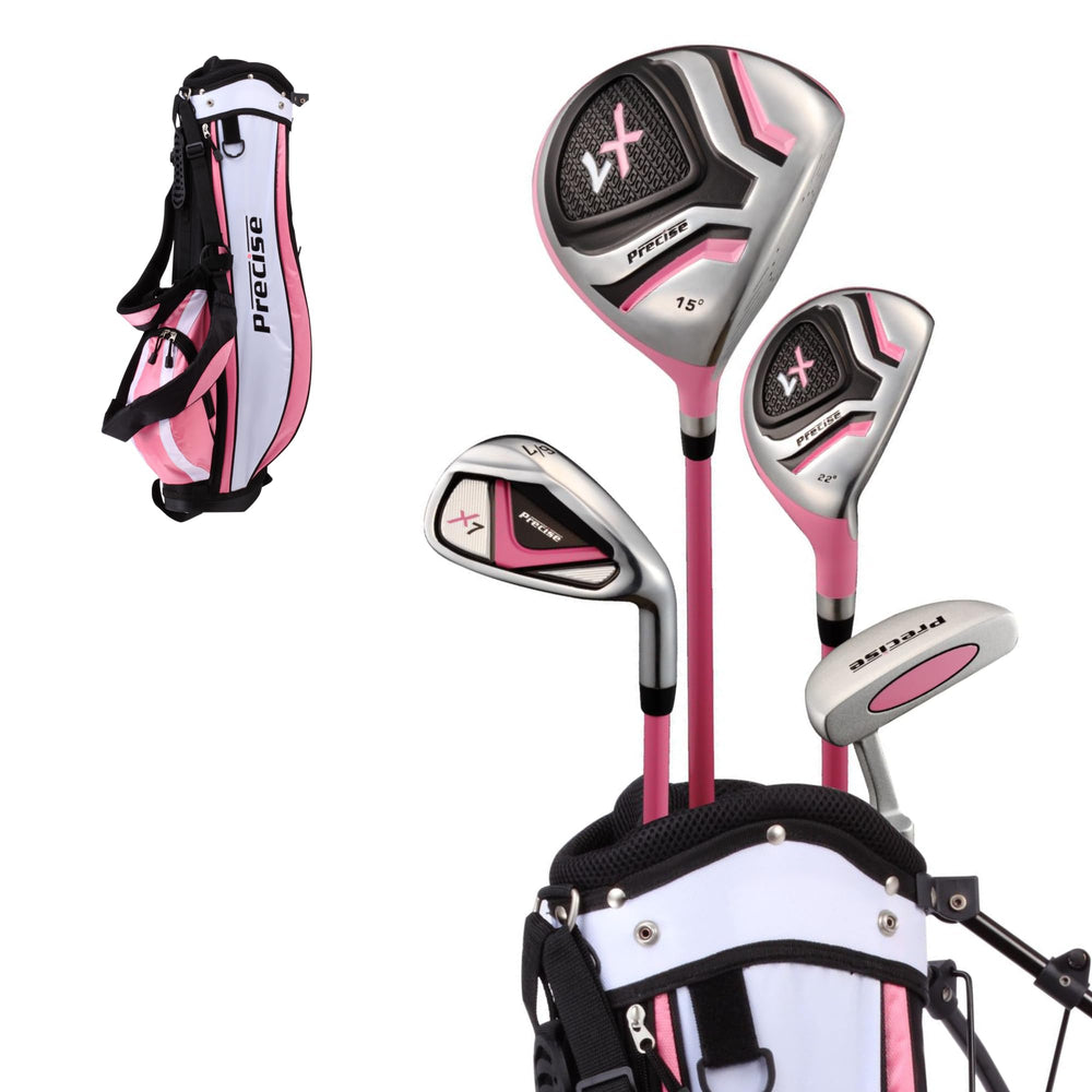 PRECISE front packaging showing full pink X7 junior golf set and included items