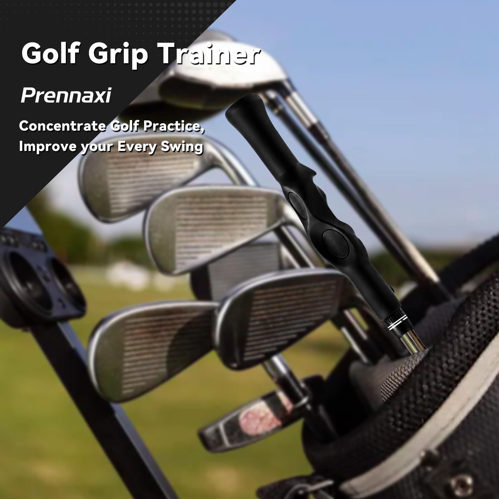Prennaxi used on driving range in lifestyle shot promoting quick warm-ups and confidence