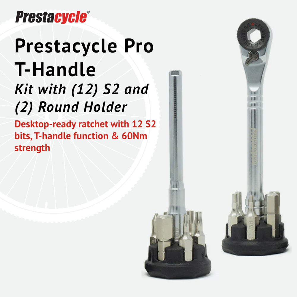 Prestacycle closeup of reversible thumb-wheel ratchet head demonstrating secure bit retention