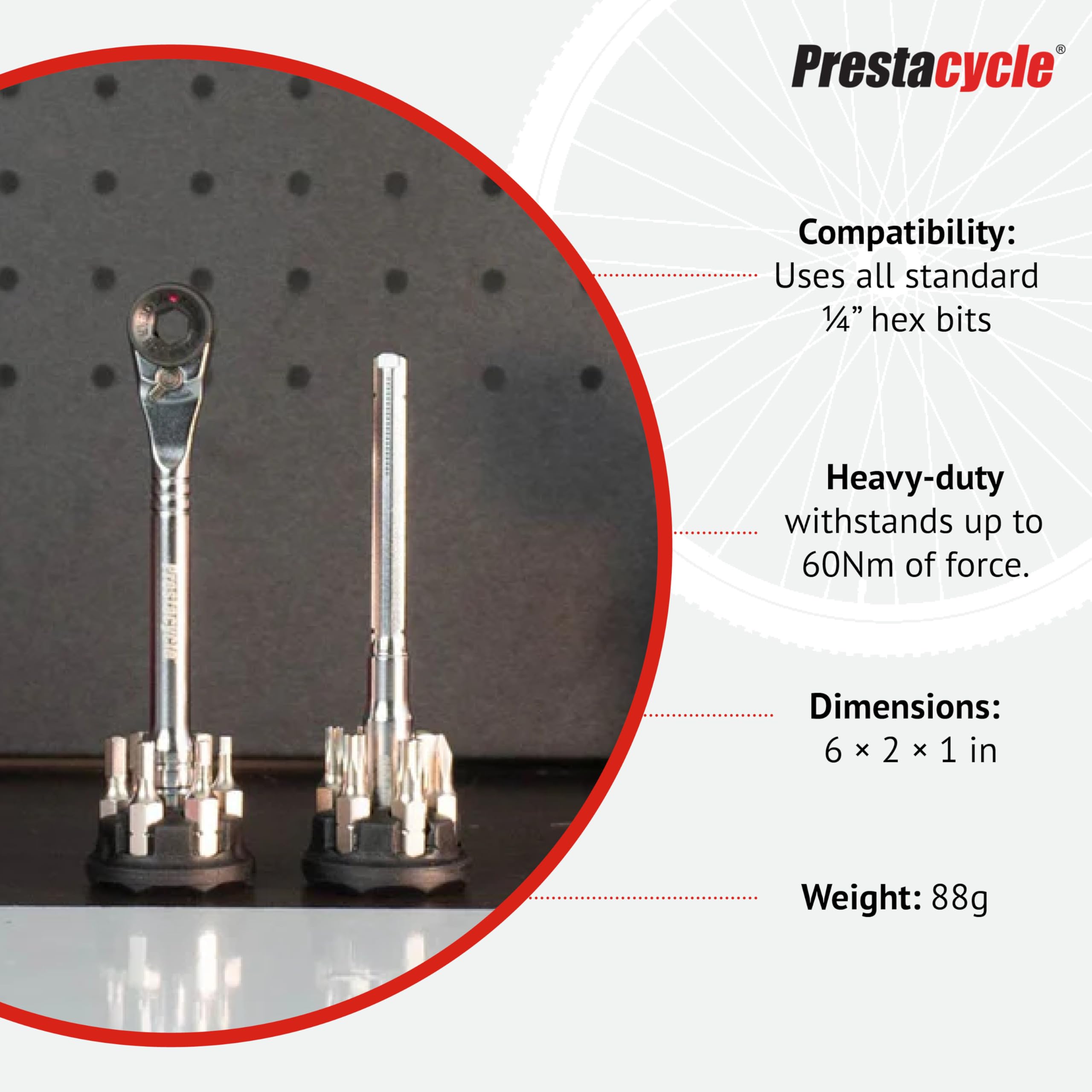 Prestacycle tool in use tightening a pedal showing high 60Nm torque capability