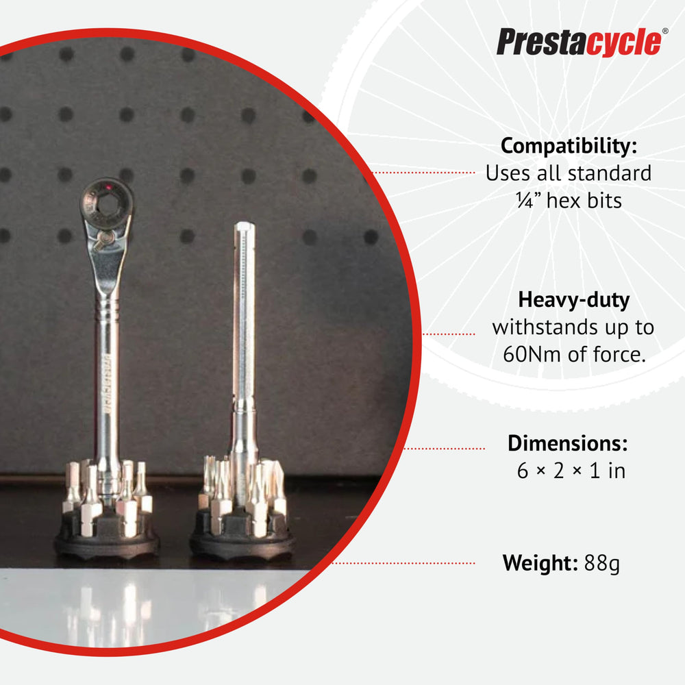 Prestacycle tool in use tightening a pedal showing high 60Nm torque capability