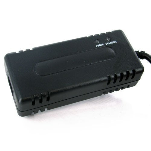 Pride Mobility charger front view showing model and safe charging