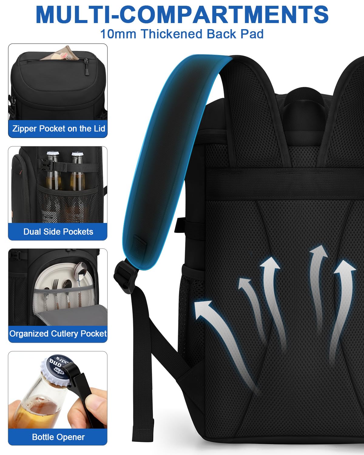 Pritent backpack next to water bottle for scale showing compact capacity benefit