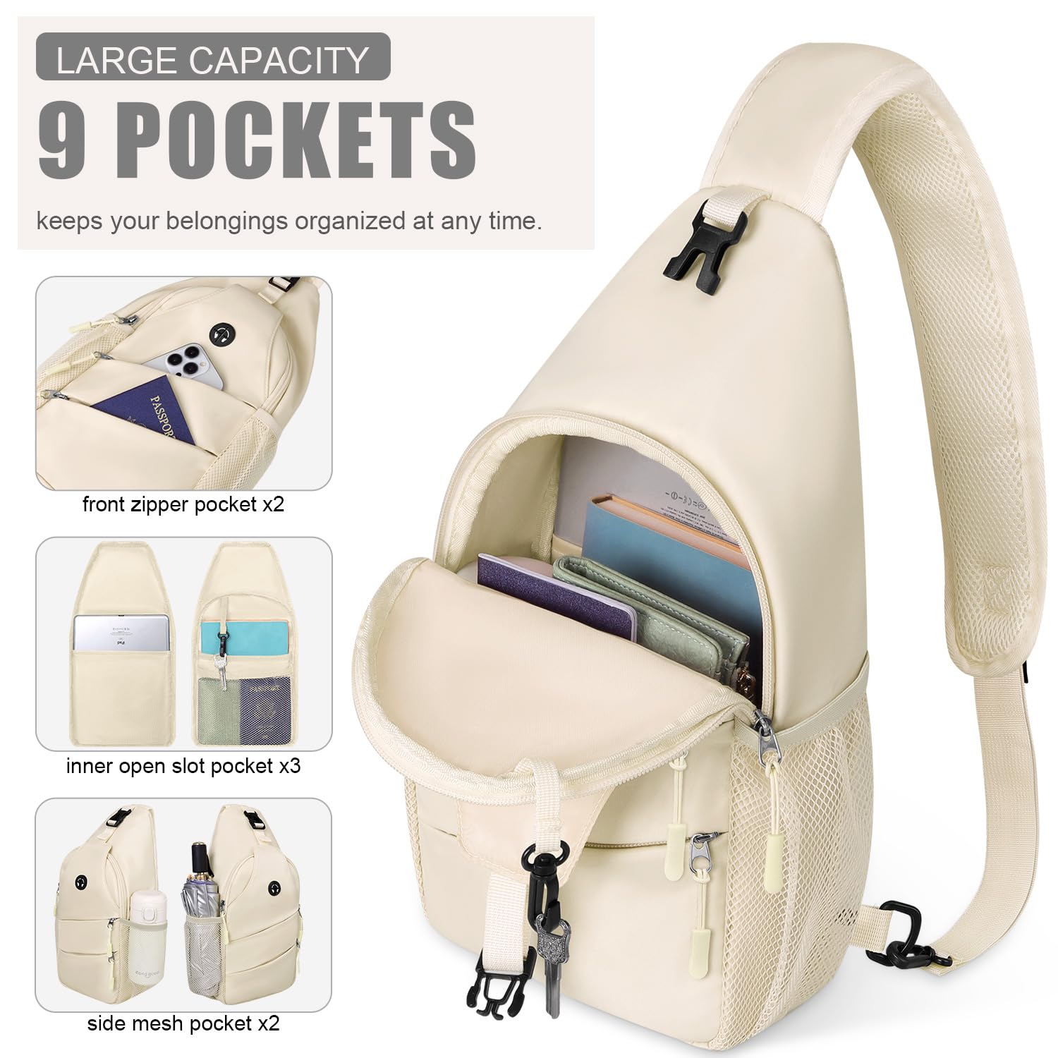 Pritent open main compartment displaying organized pockets for tablet and essentials