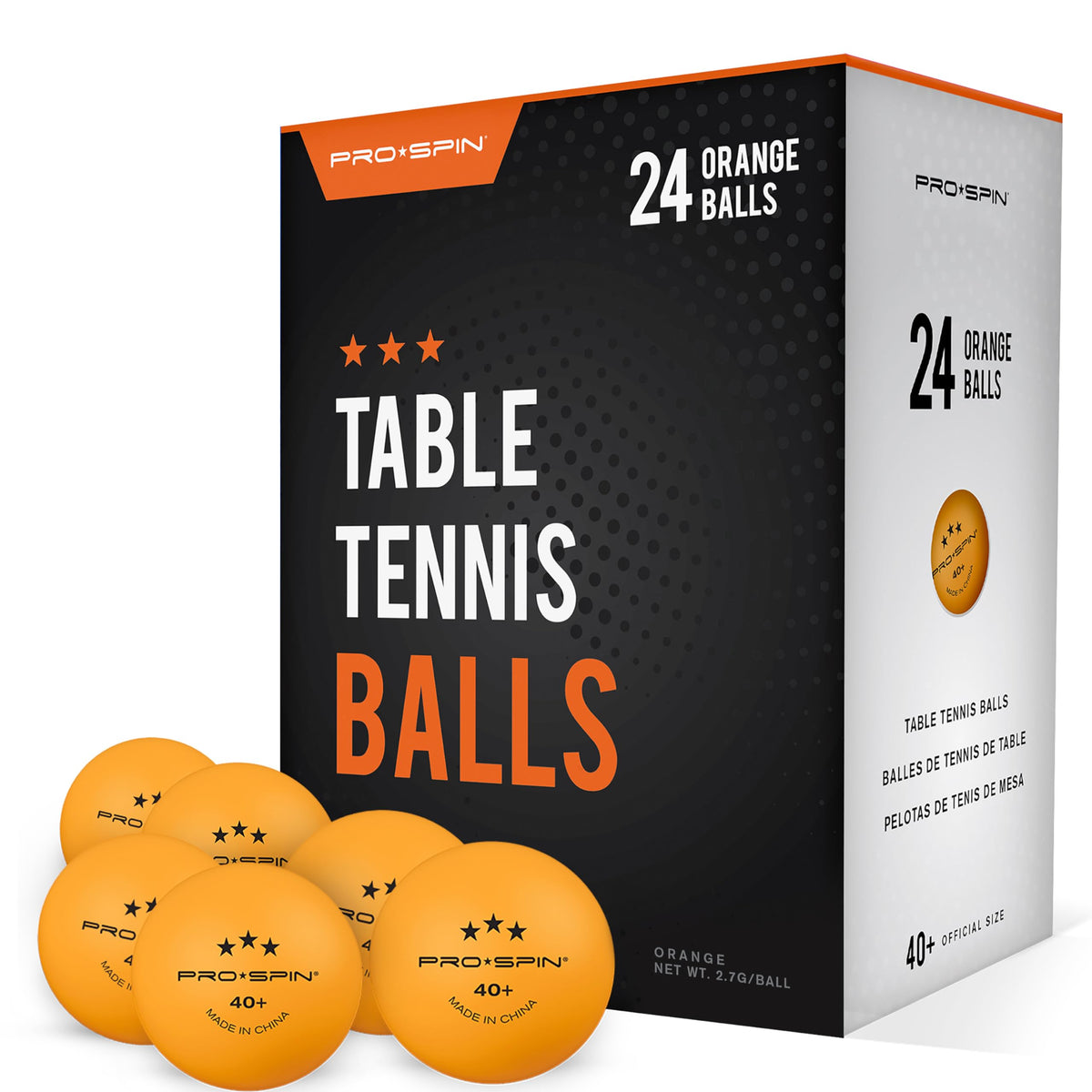 PRO-SPIN front packaging showing 24 orange balls and clear branding for reliability
