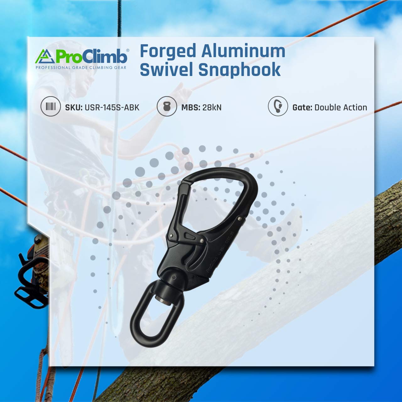 ProClimb carabiner on arborist rigging showing organized gear and secure attachment