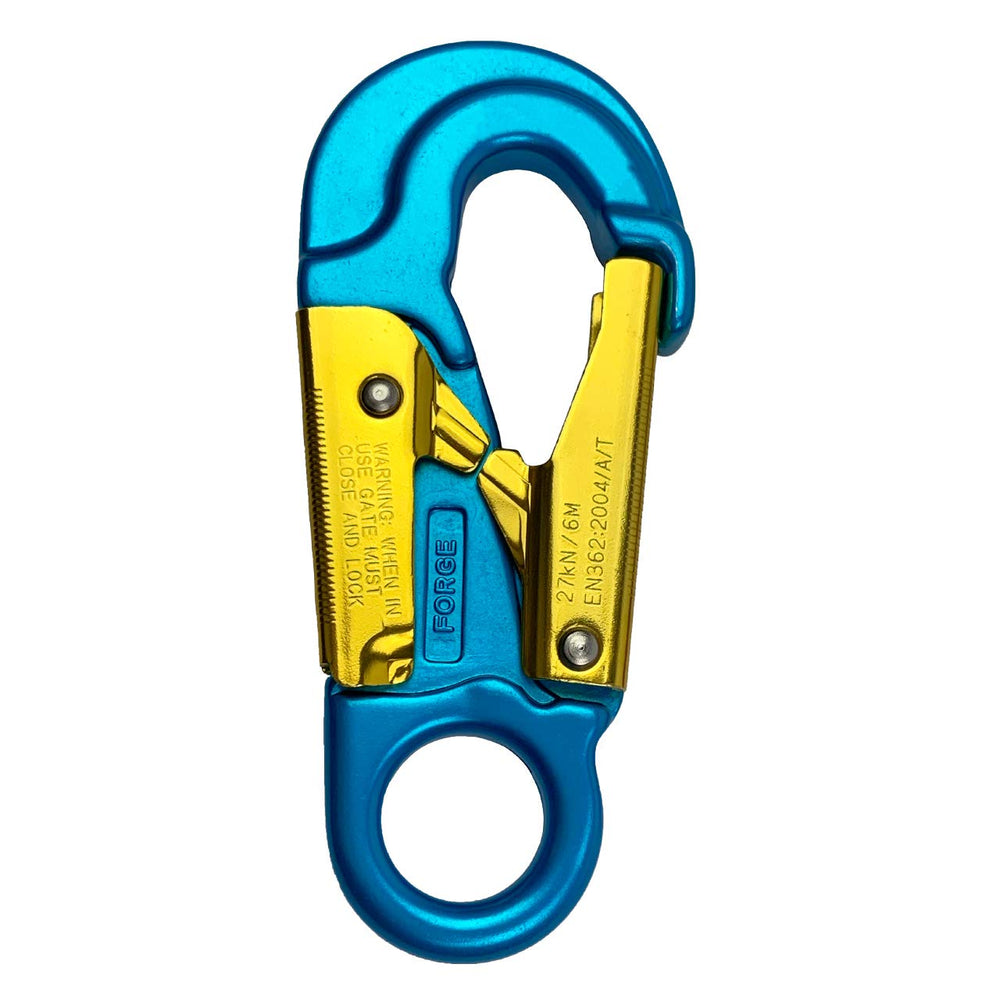 ProClimb front view of blue snaphook showing shape and gate for clear identification and durability