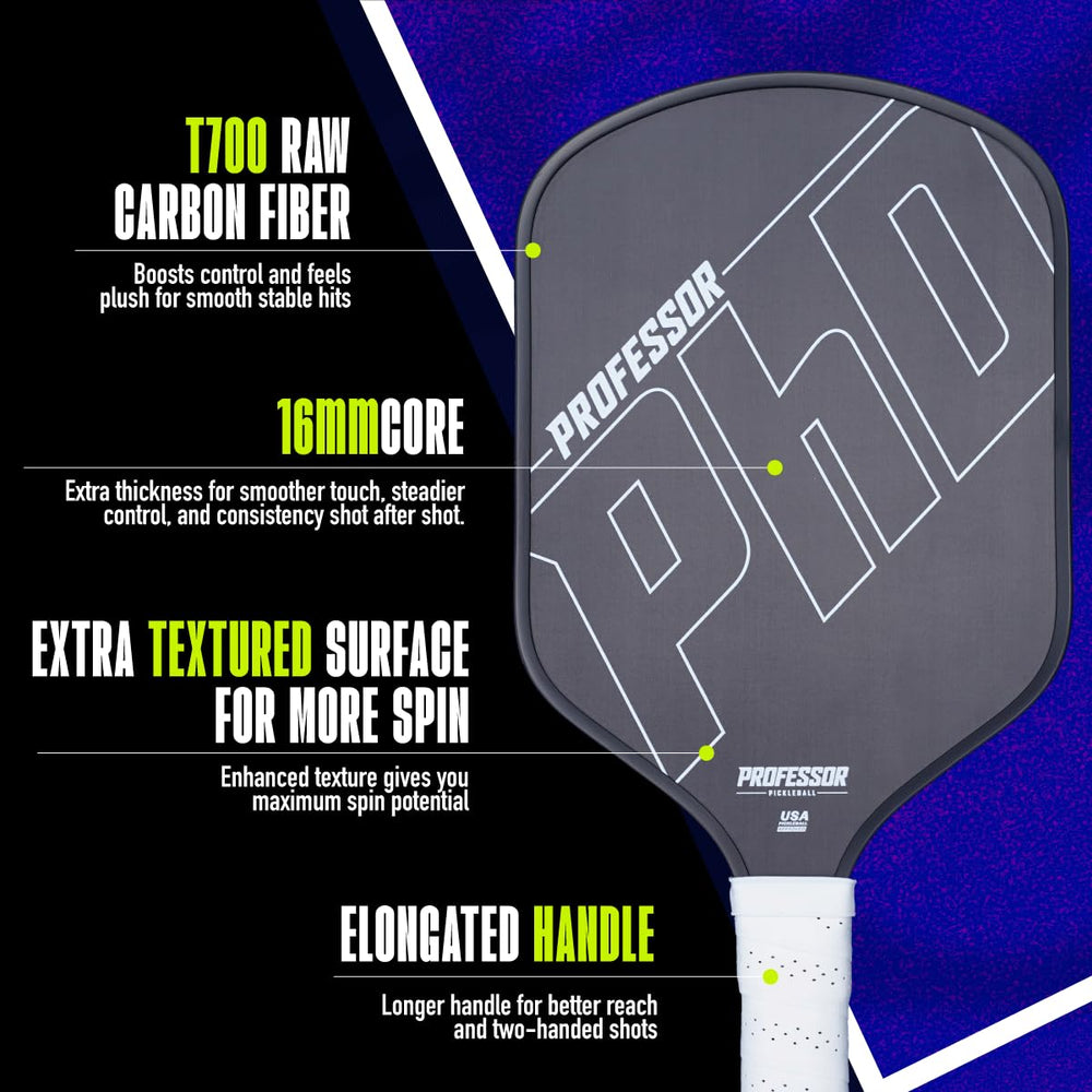 Professor Pickleball PhD longer 5.5-inch handle demonstrating better reach