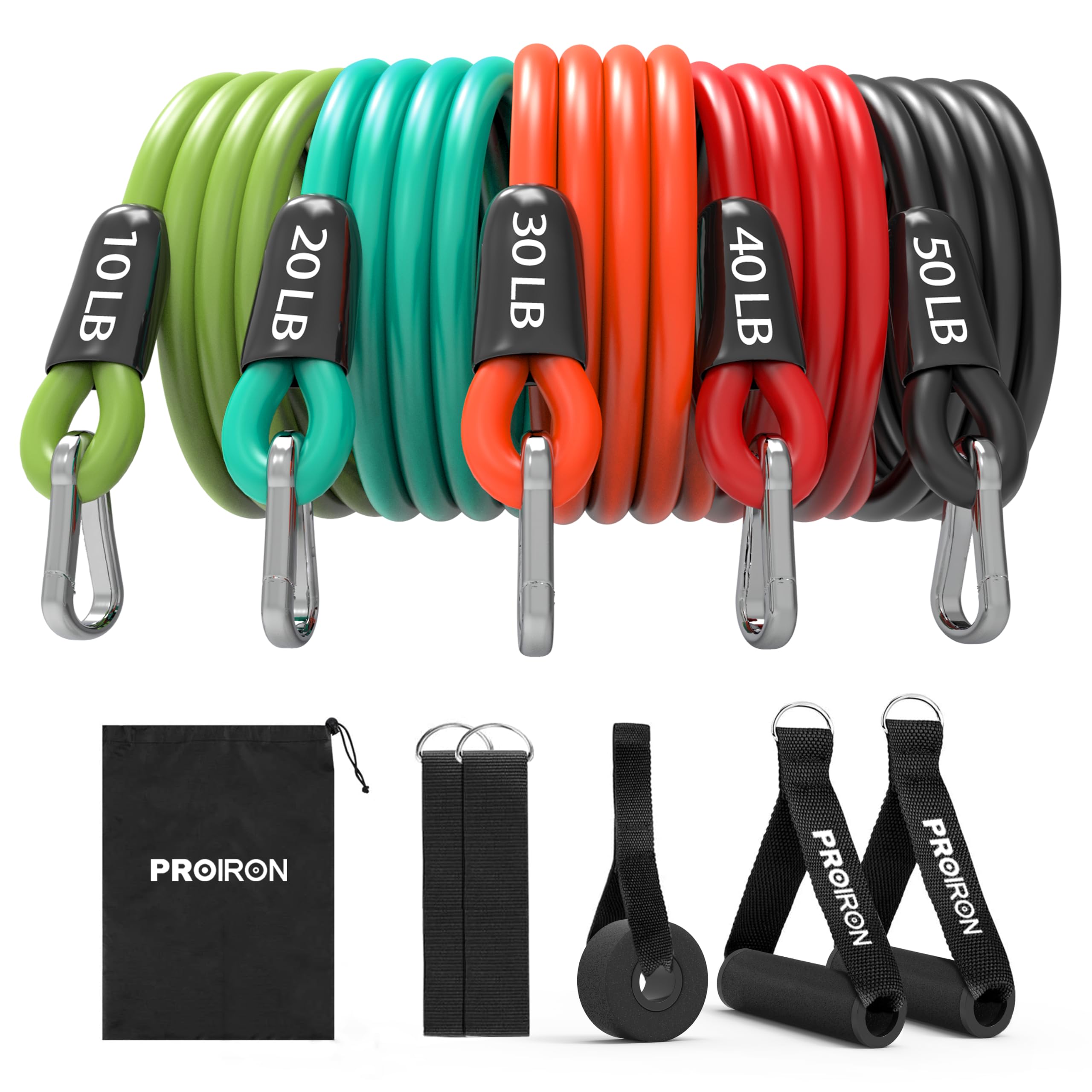 PROIRON front packaging showing full five-band set and accessories benefits durability