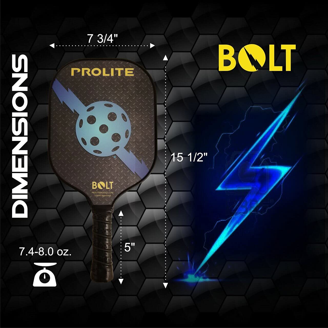 PROLITE Bolt size comparison beside racket illustrating balanced weight and length