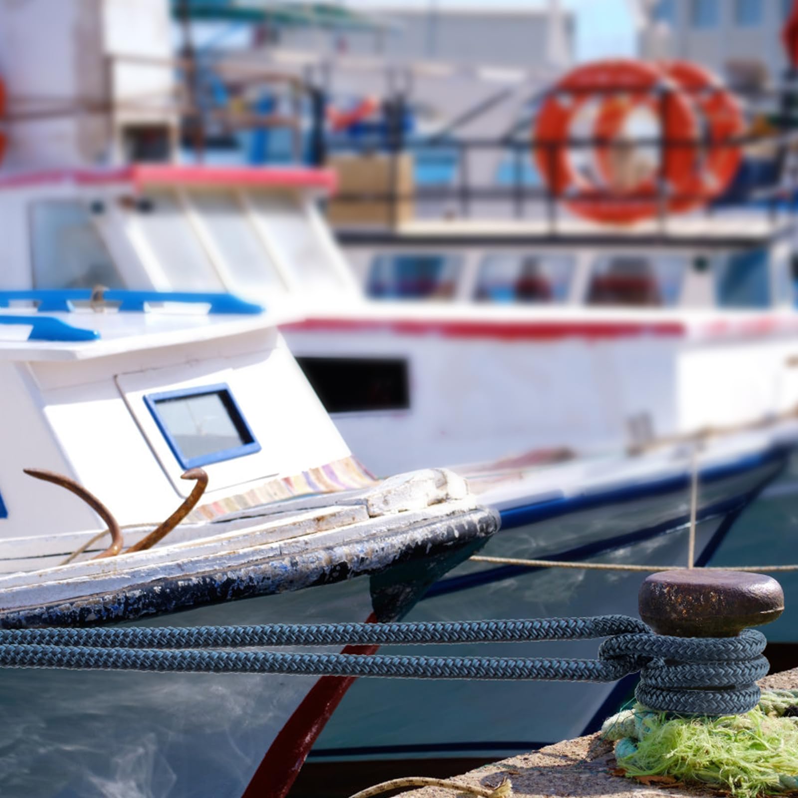 PropelTech dock lines installed on a leisure boat showing tidy, protected mooring