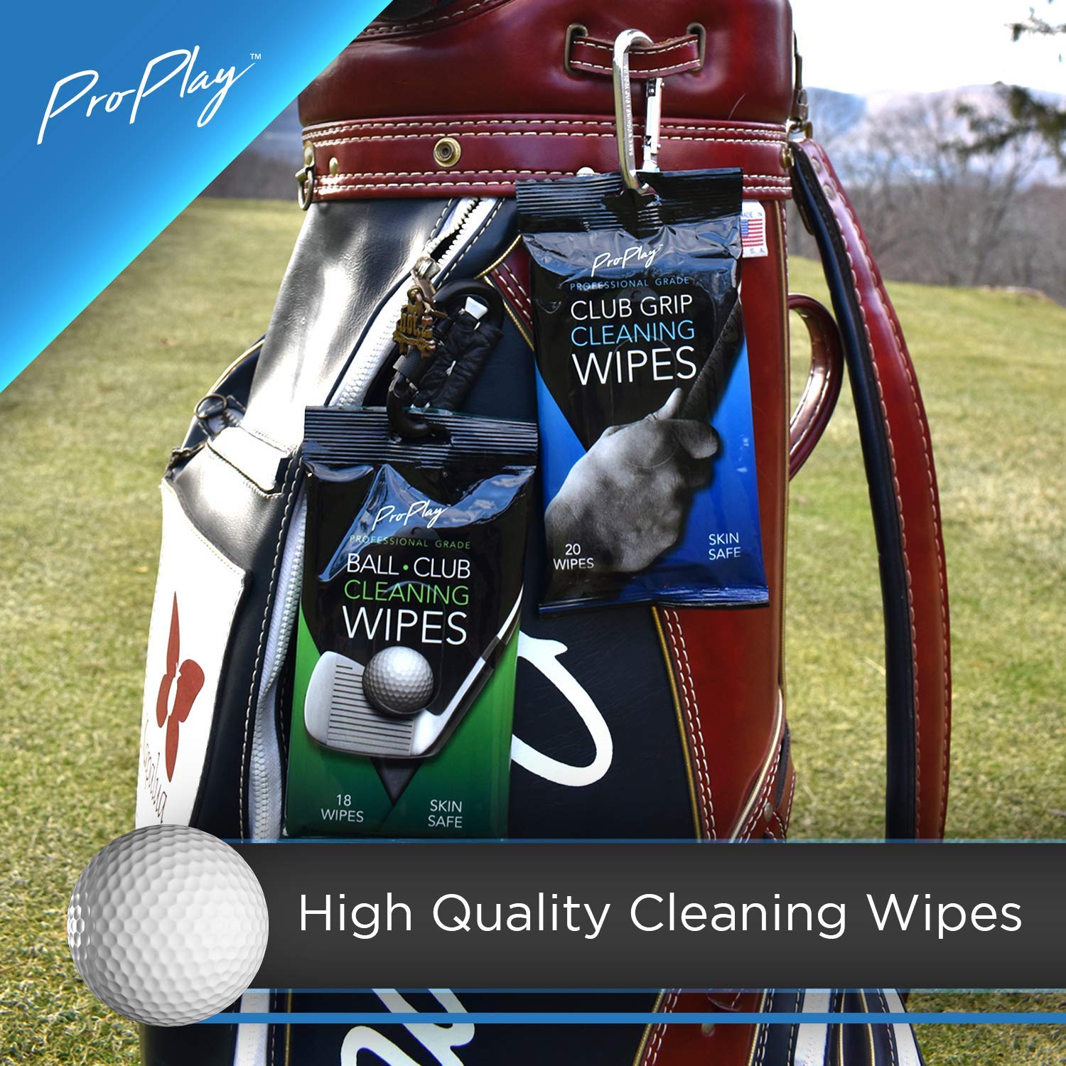 ProPlay next to a golf club for scale highlighting portable pack that fits golf bags