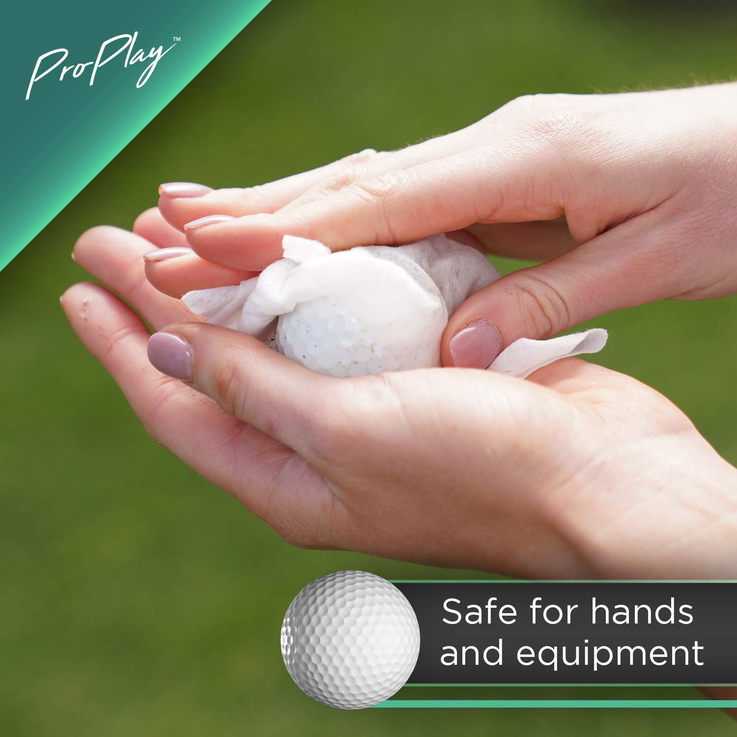 ProPlay wipe removing debris from a golf ball ensuring clean contact