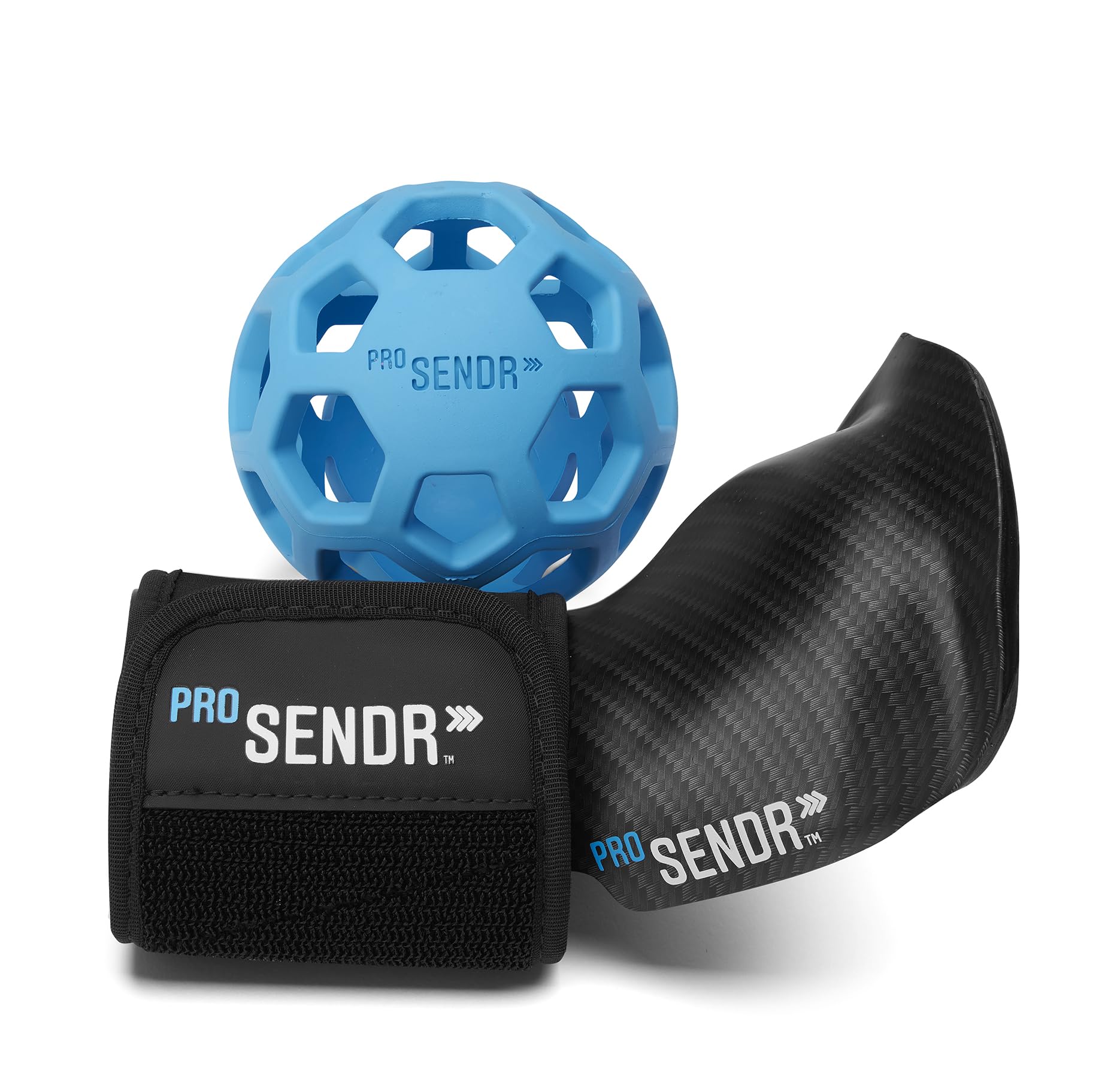 PRO SENDR front view showing kit layout and carbon-fiber cradle for consistent wrist angle