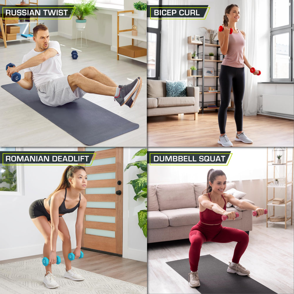 ProsourceFit dumbbells in a home workout scene illustrating organized storage benefit