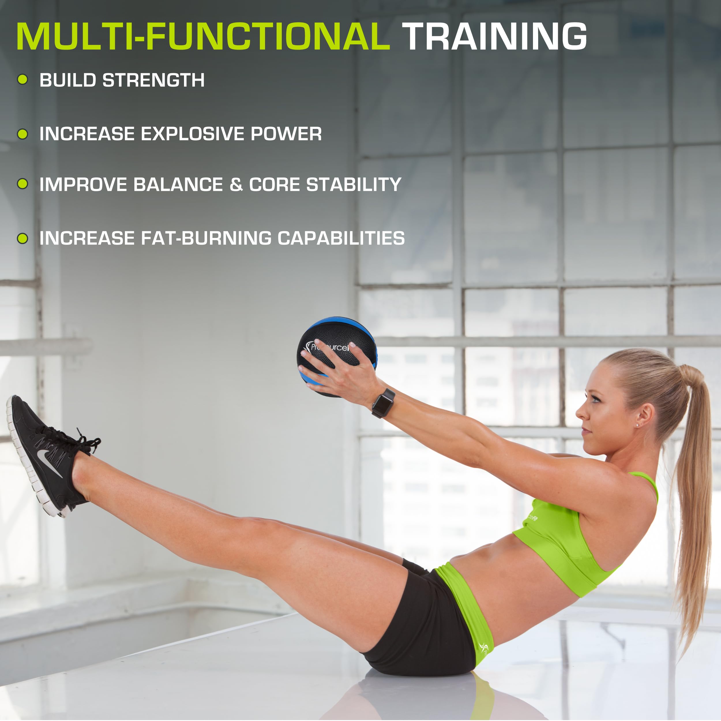 ProsourceFit ball beside dumbbell showing compact size and versatility