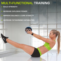 ProsourceFit ball beside dumbbell showing compact size and versatility