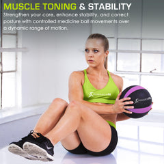 ProsourceFit ball beside dumbbell showing compact size and portable training advantage