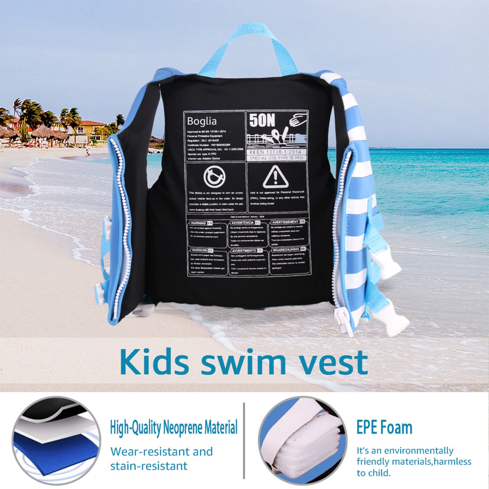 PROTAURI child wearing vest in pool demonstrating stable buoyancy and freedom to kick