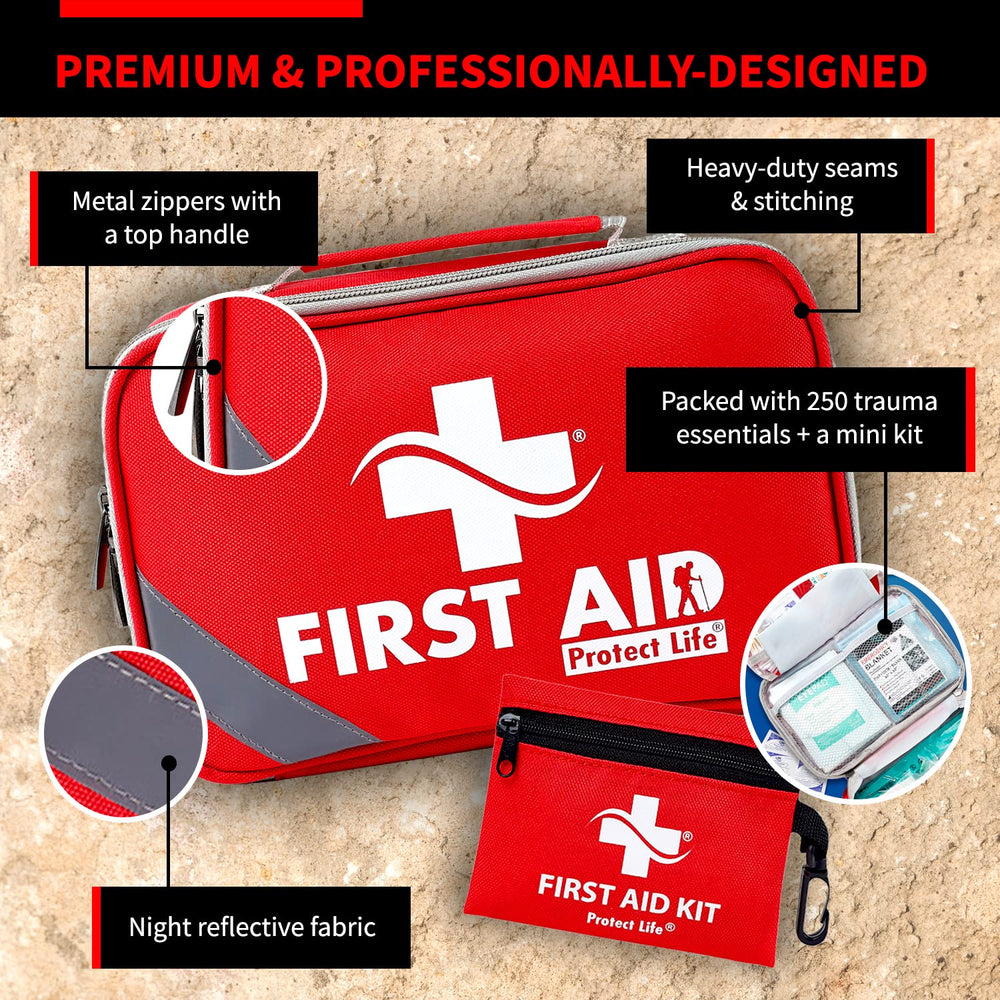 Protect Life contents laid out showing bandages, gauze, and trauma tools