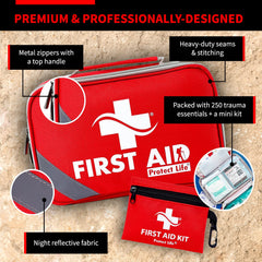 Protect Life contents laid out showing bandages, gauze, and trauma tools