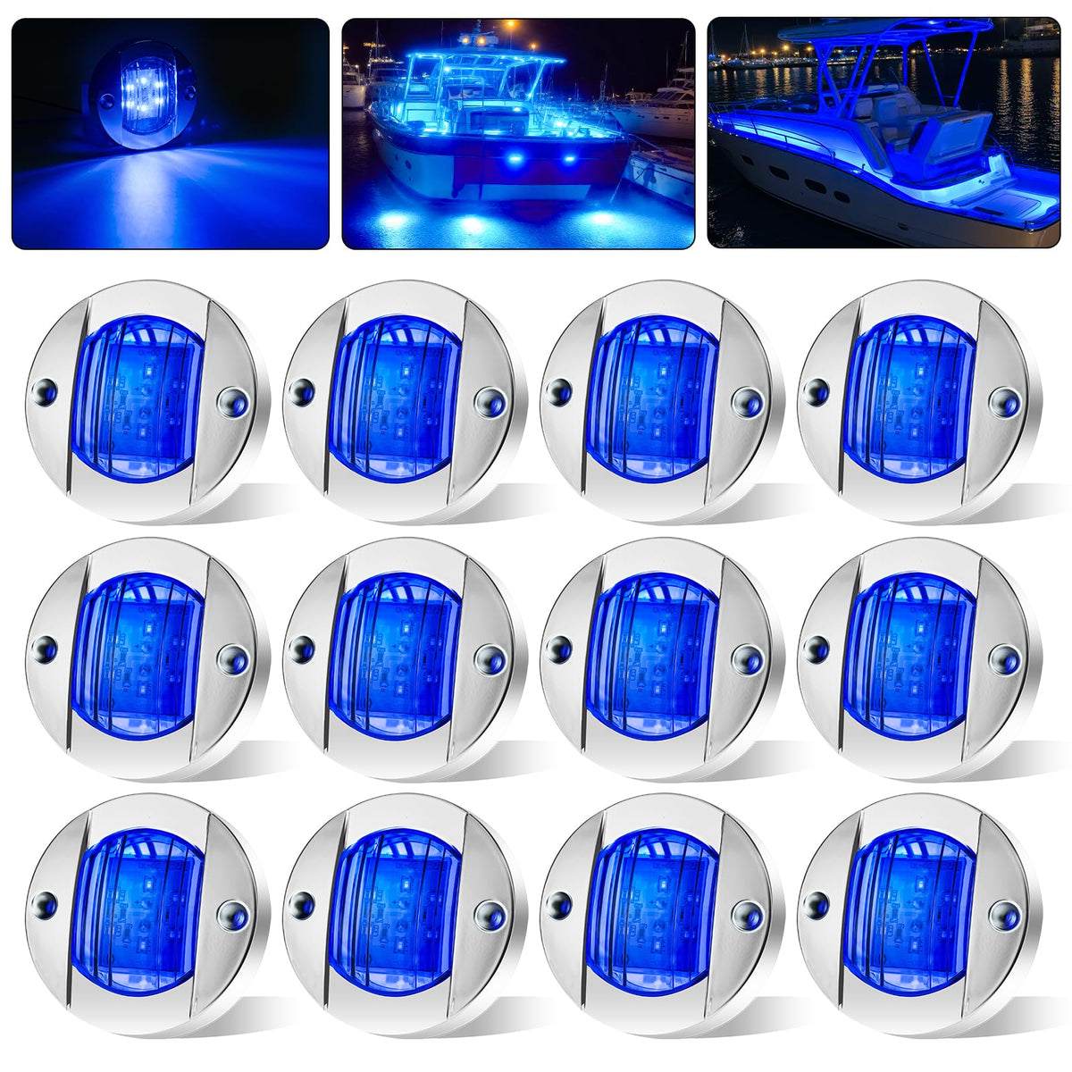 PSDRIQQ front view of blue 3-inch marine LED light showing clean bezel and lens for visibility