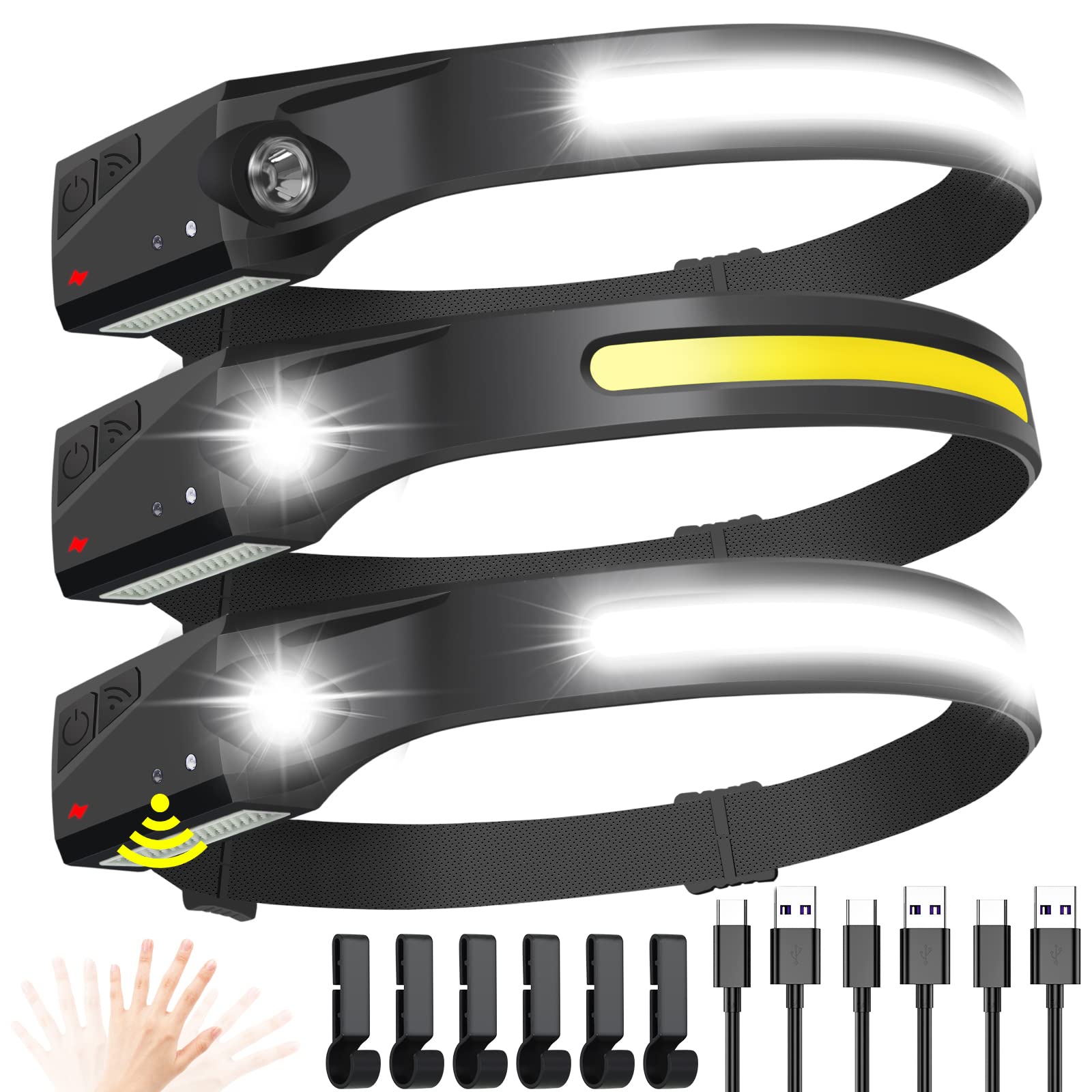 PSDRIQQ three-headlamps front view showing compact rechargeable design and convenience