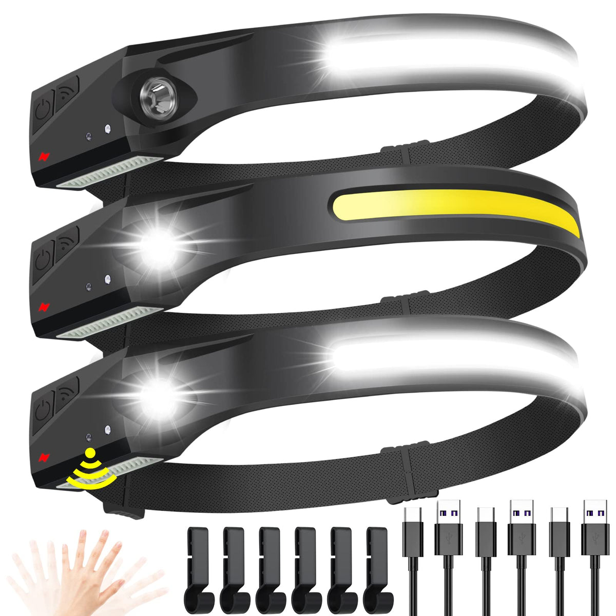 PSDRIQQ three-headlamps front view showing compact rechargeable design and convenience