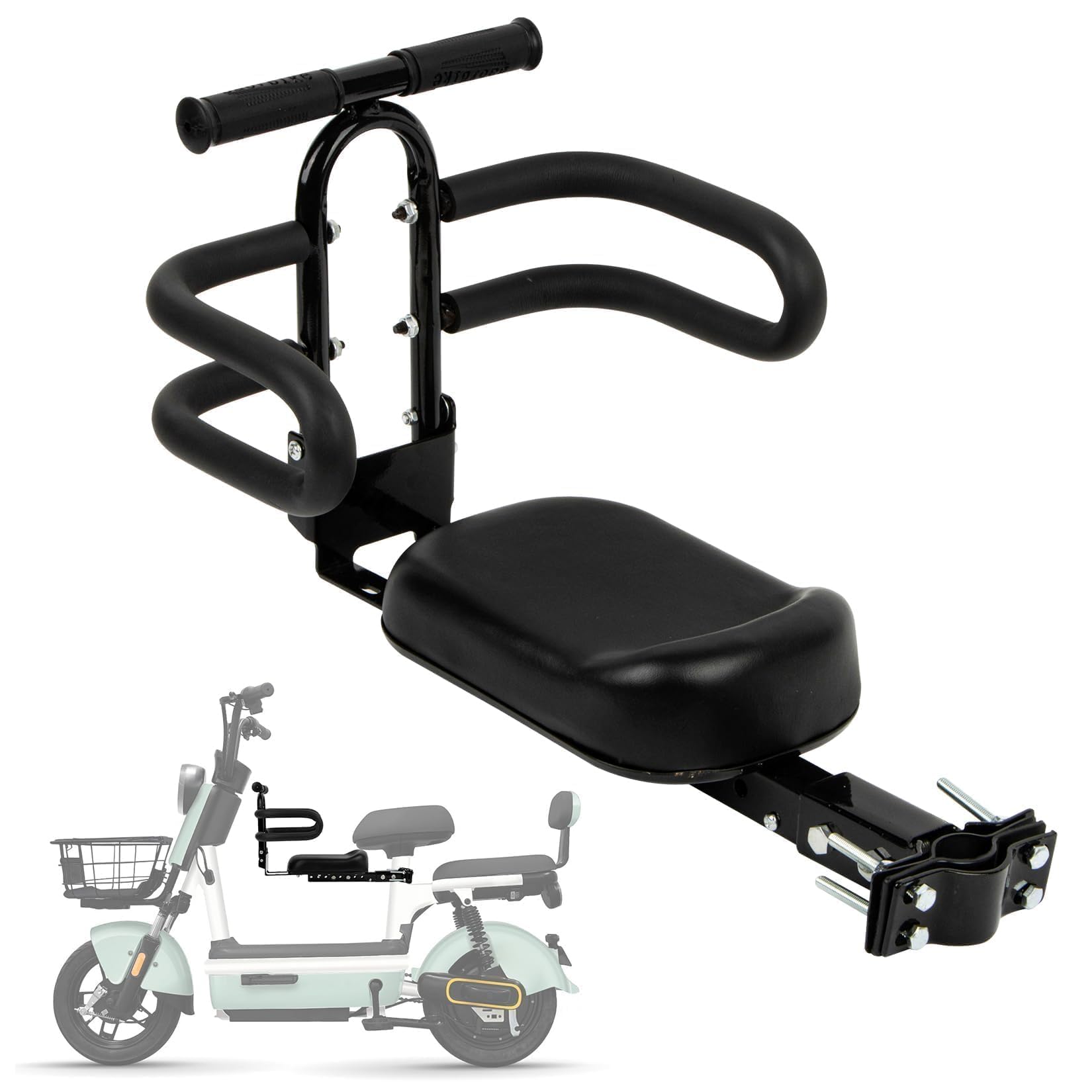 PSLER front-mounted seat on bike showing secure fit and passenger comfort