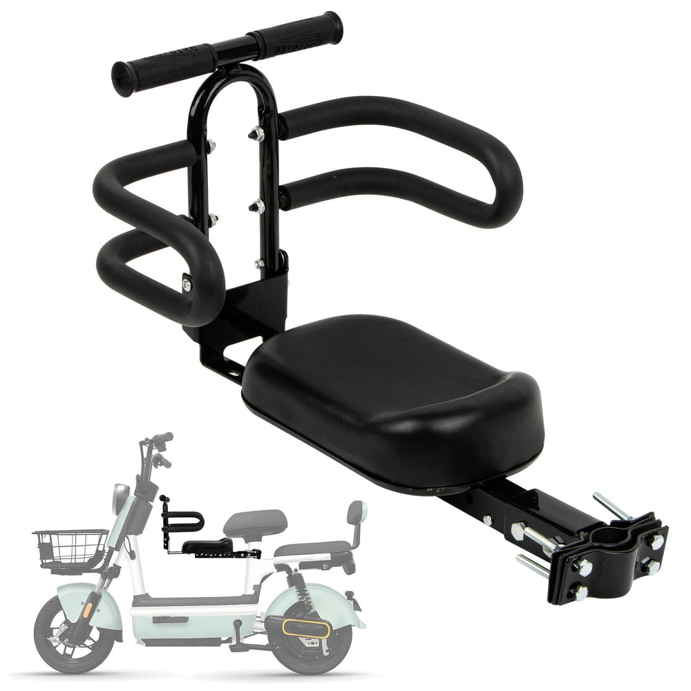 PSLER front-mounted seat on bike showing secure fit and passenger comfort