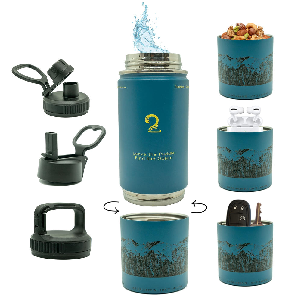 Puddles 2 Oceans blue tumbler front view showing dual compartments and sleek finish for convenience