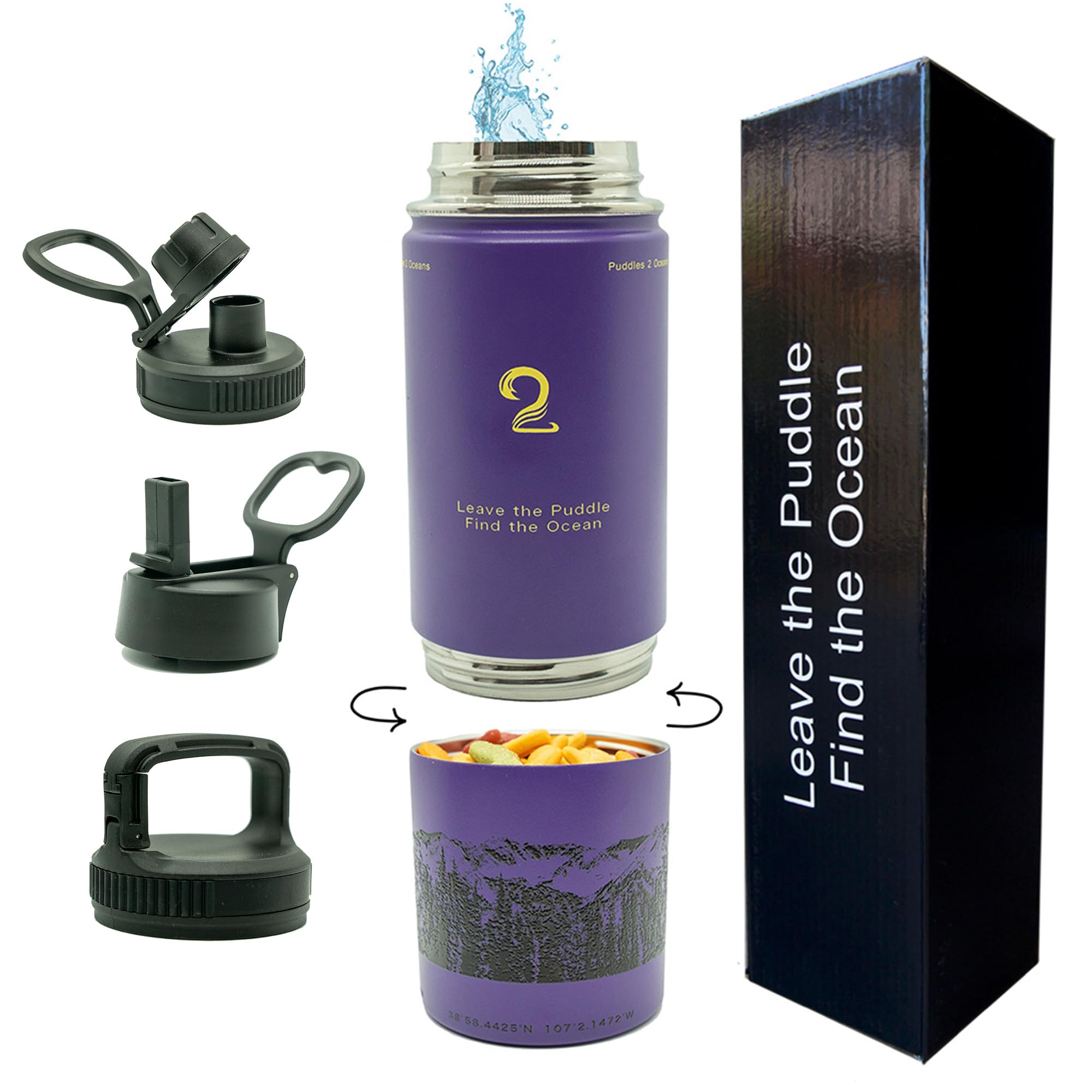 Puddles 2 Oceans purple tumbler front view showing sleek finish and overall design benefit