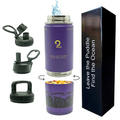 Puddles 2 Oceans purple tumbler front view showing sleek finish and overall design benefit