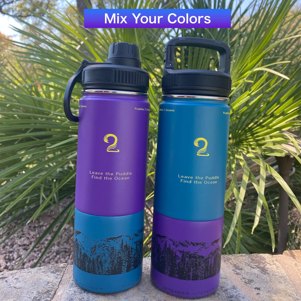 Puddles 2 Oceans bottle clipped to hiking pack demonstrating travel-ready convenience