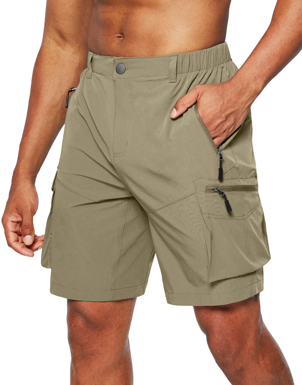 Pudolla front view of deep khaki shorts showing fit and pockets, practical for hiking