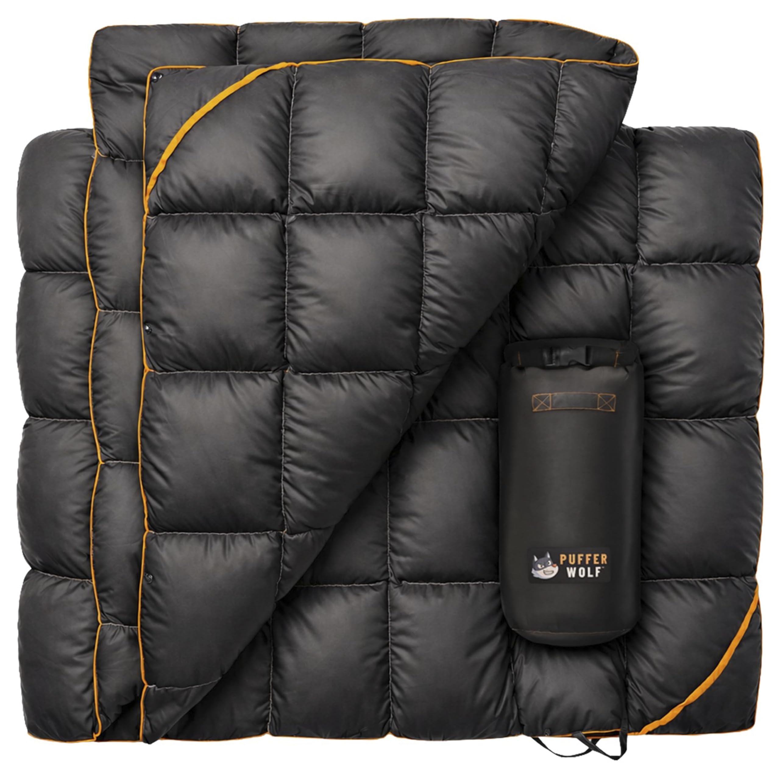 PUFFER WOLF front view showing full-size blanket and coverage benefit