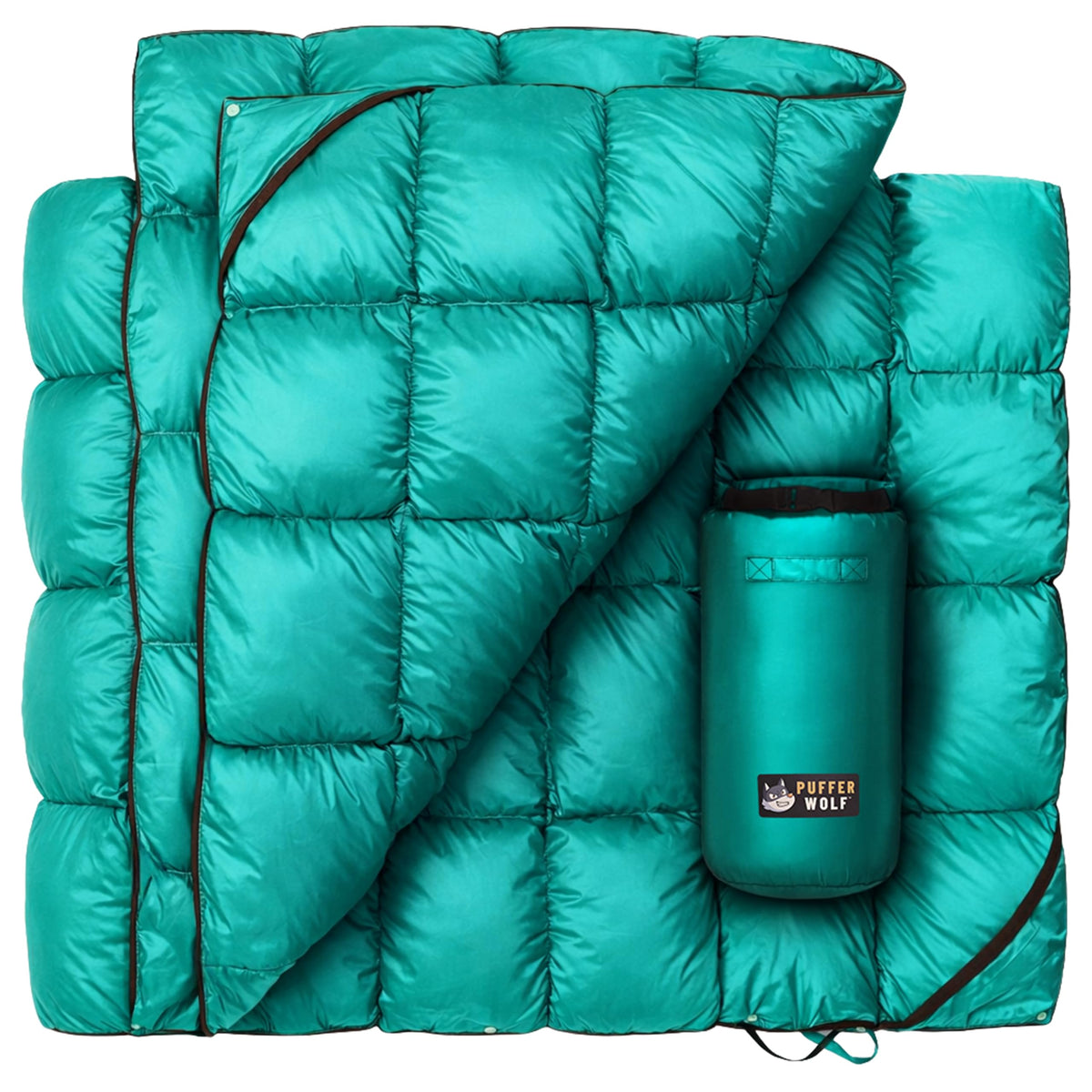 PUFFER WOLF front view showing full blanket and coverage benefit