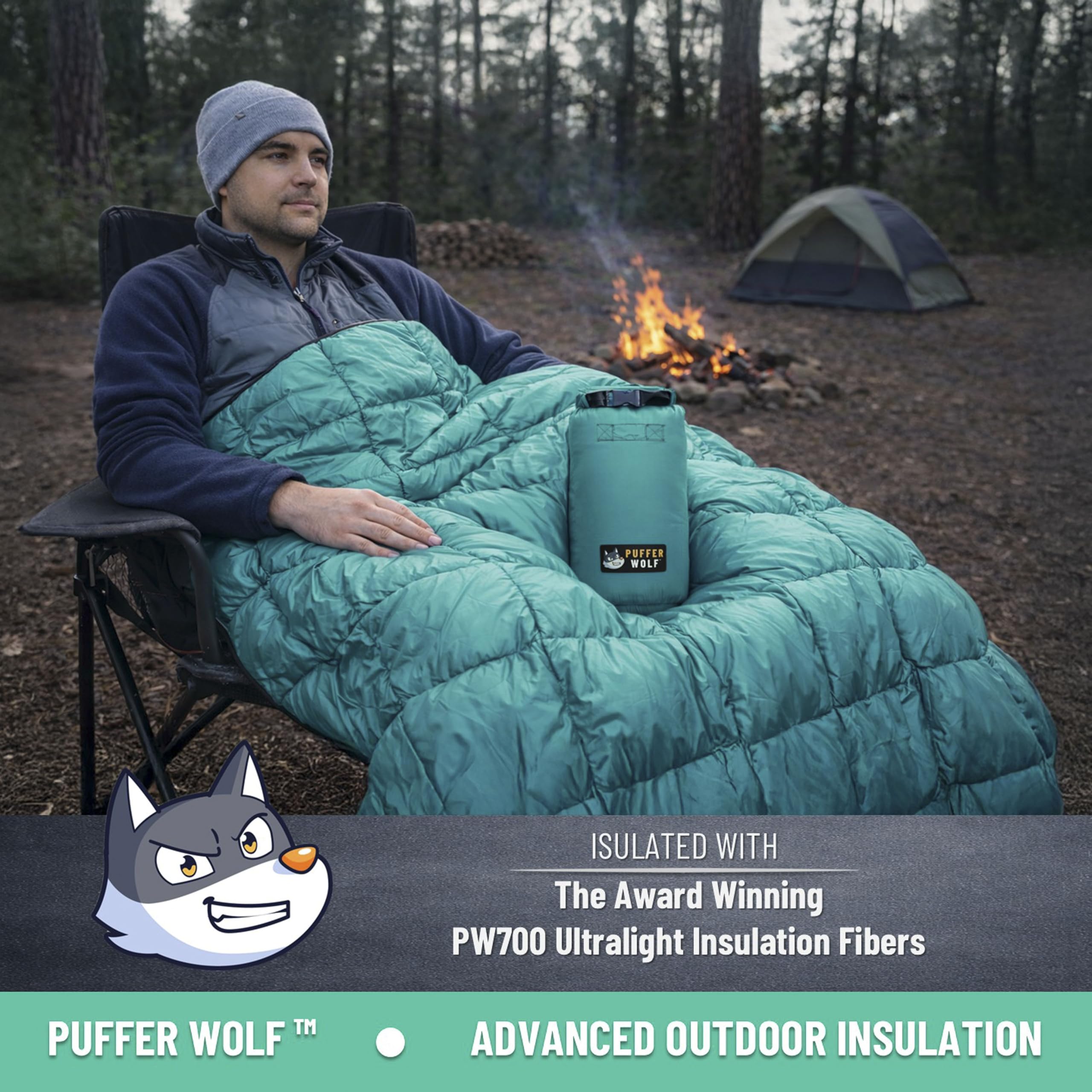 PUFFER WOLF fully lofted blanket illustrating generous size and warmth